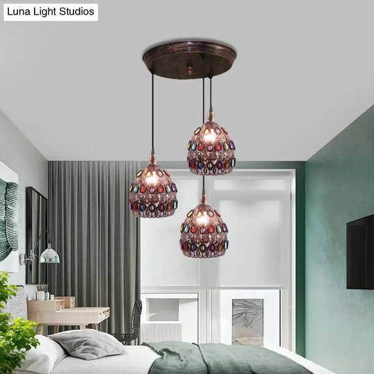 Rust Metal Dome Pendant Lamp With 3 Bulbs - Traditional Multi Light Suspension For Bedroom