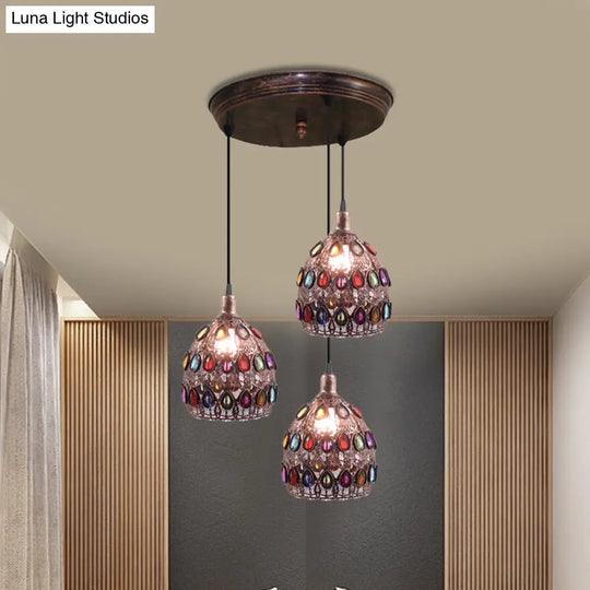 Rust Metal Dome Pendant Lamp With 3 Bulbs - Traditional Multi Light Suspension For Bedroom