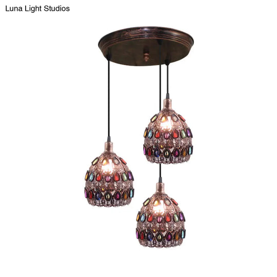 Rust Metal Dome Pendant Lamp With 3 Bulbs - Traditional Multi Light Suspension For Bedroom