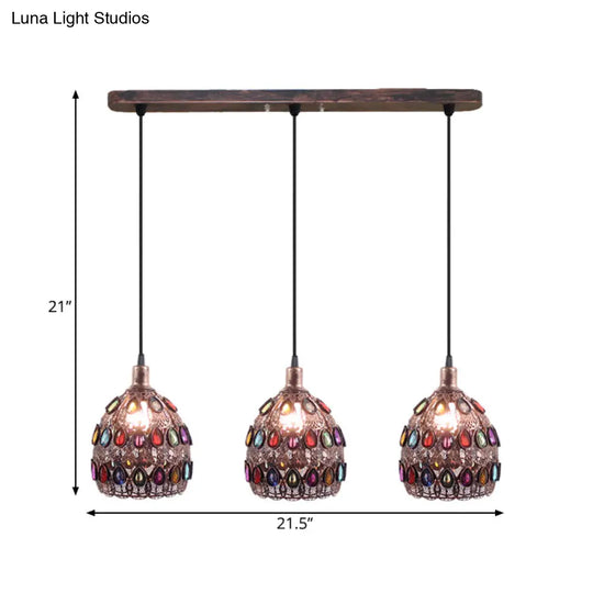 Rust Metal Dome Pendant Lamp With 3 Bulbs - Traditional Multi Light Suspension For Bedroom