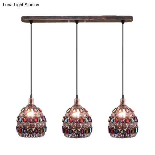 Rust Metal Dome Pendant Lamp With 3 Bulbs - Traditional Multi Light Suspension For Bedroom