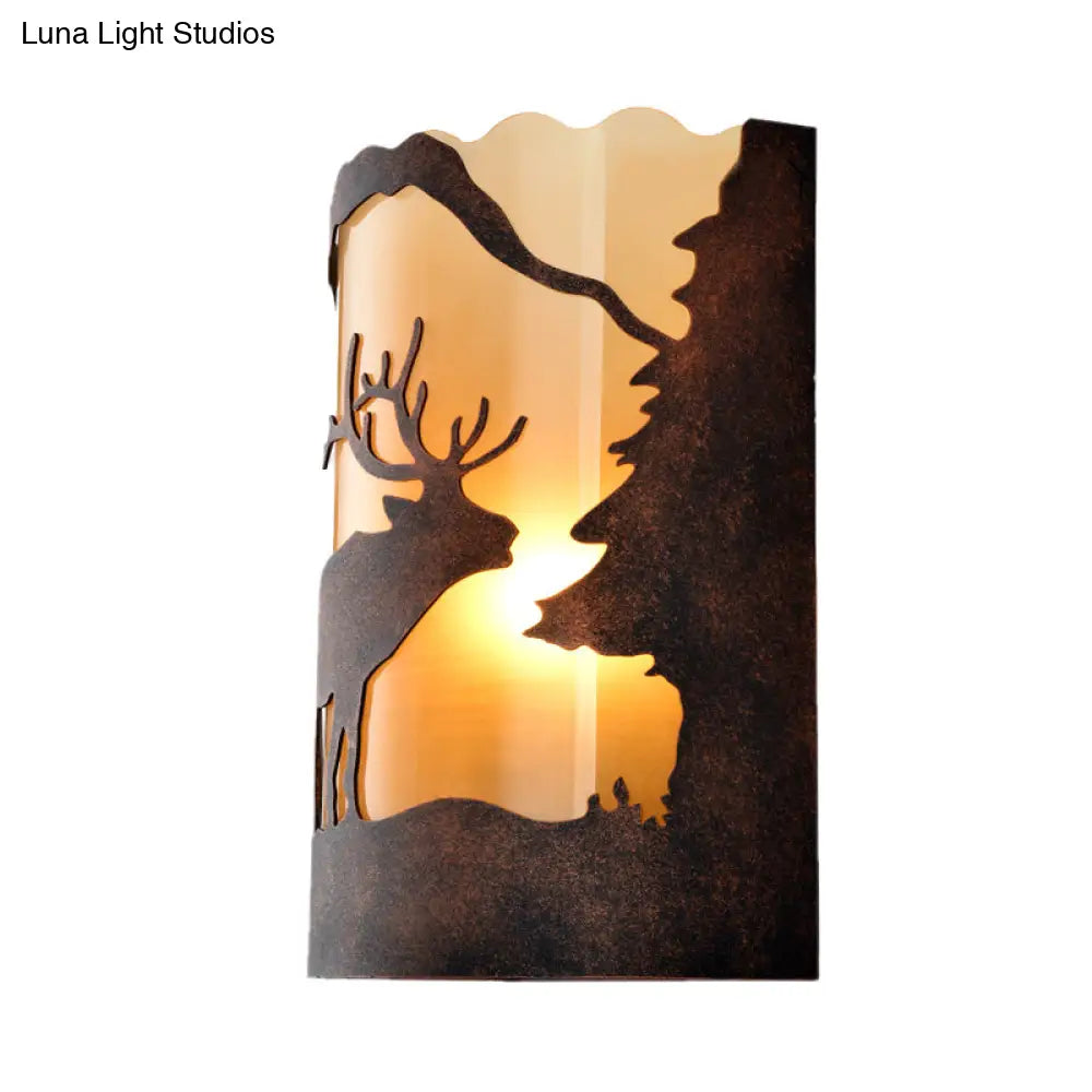 Rust One Light Retro Metal Sconce With Unique Tree/Elk Pattern Stylish Half Cylinder Lighting