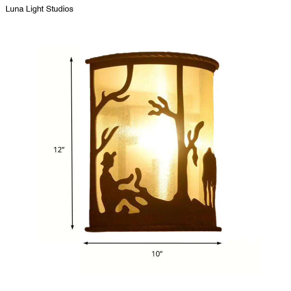 Rust One Light Retro Metal Sconce With Unique Tree/Elk Pattern Stylish Half Cylinder Lighting