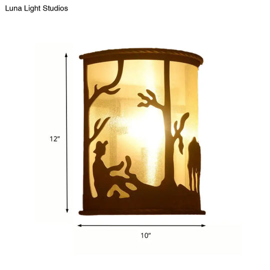 Rust One Light Retro Metal Sconce With Unique Tree/Elk Pattern Stylish Half Cylinder Lighting