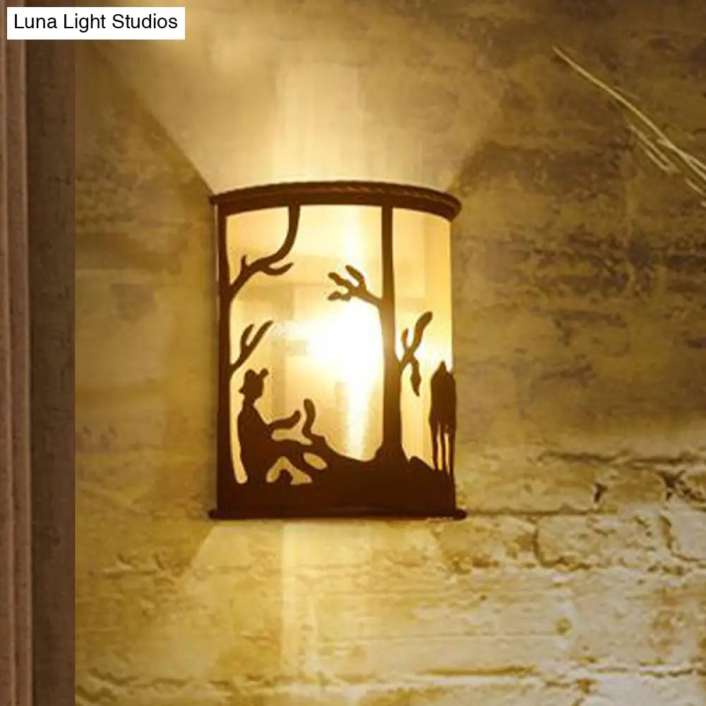 Rust One Light Retro Metal Sconce With Unique Tree/Elk Pattern Stylish Half Cylinder Lighting