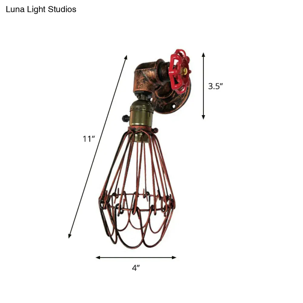 Rust Red Metallic 1-Bulb Cage Wall Light Fixture | Warehouse Sconce For Living Room