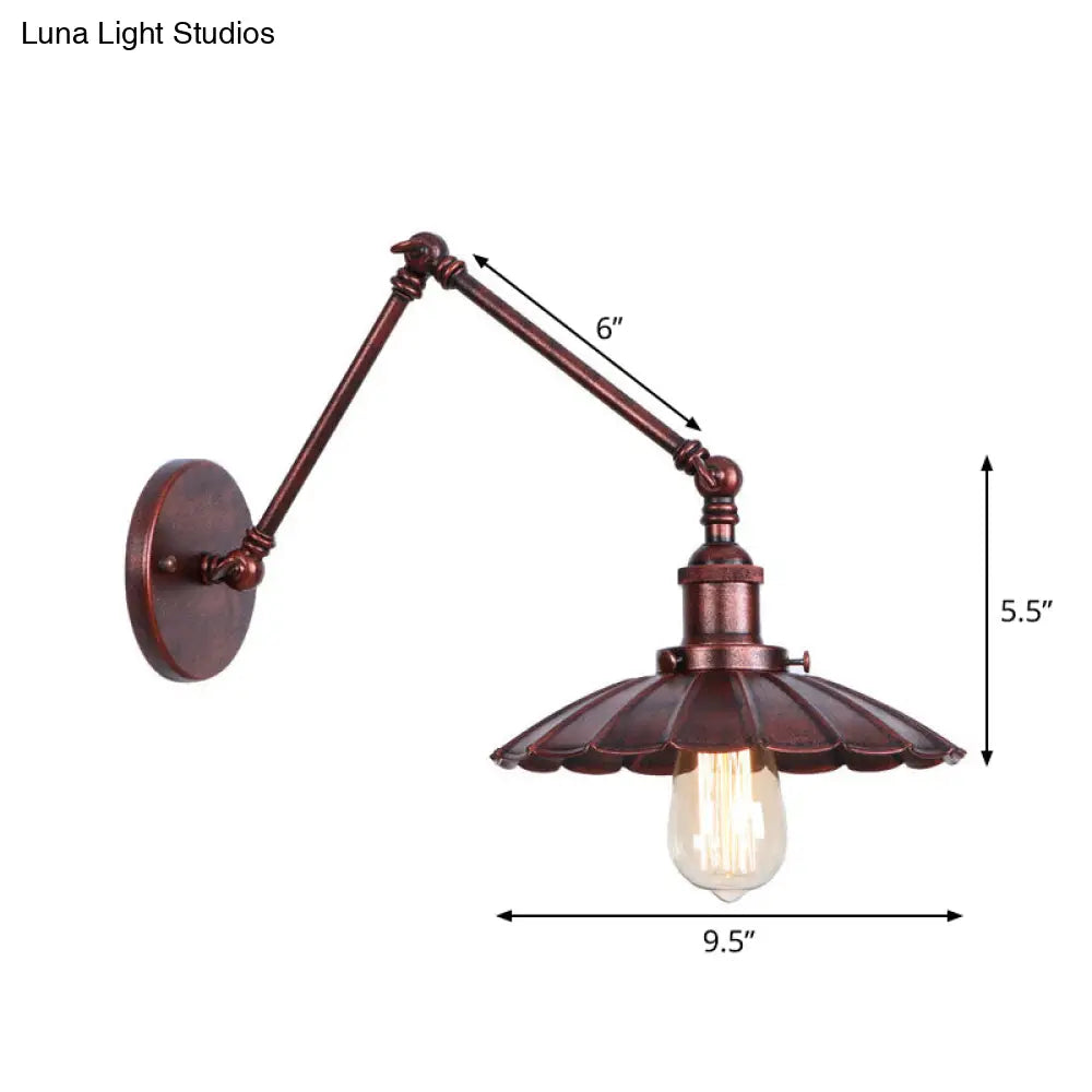 Rust Scalloped/Horn/Cone Wall Sconce Loft - 1 Head Workshop Reading Light With Long Swing Arm