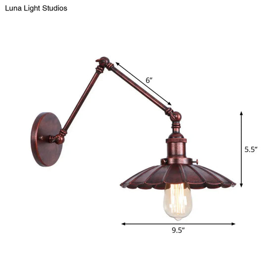 Rust Scalloped/Horn/Cone Wall Sconce Loft - 1 Head Workshop Reading Light With Long Swing Arm