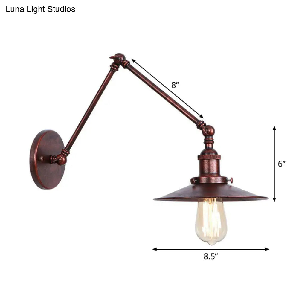 Rust Scalloped/Horn/Cone Wall Sconce Loft - 1 Head Workshop Reading Light With Long Swing Arm