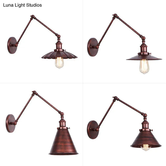 Rust Scalloped/Horn/Cone Wall Sconce Loft - 1 Head Workshop Reading Light With Long Swing Arm