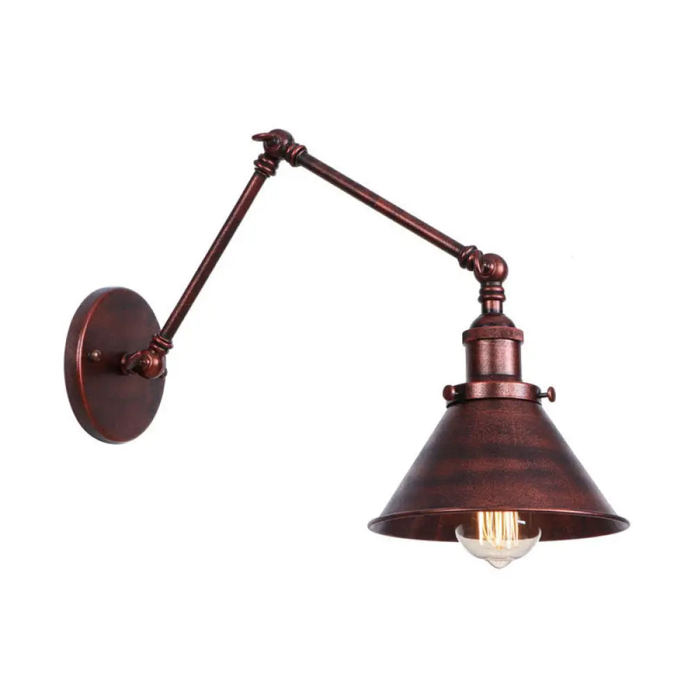 Rust Scalloped/Horn/Cone Wall Sconce Loft - 1 Head Workshop Reading Light With Long Swing Arm / 6 C