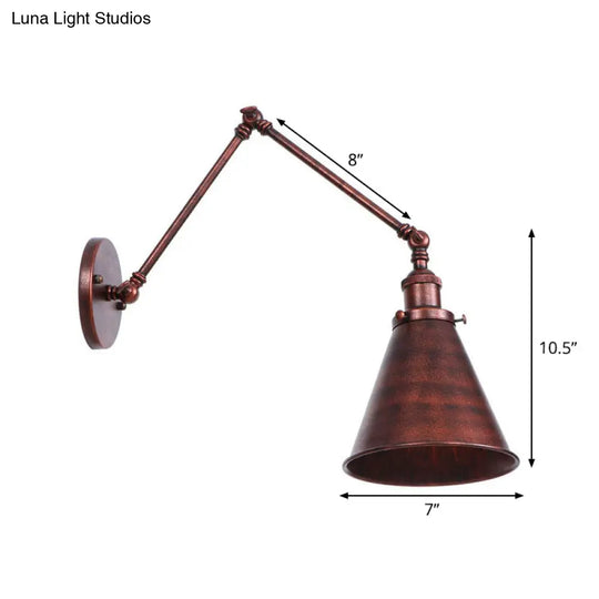 Rust Scalloped/Horn/Cone Wall Sconce Loft - 1 Head Workshop Reading Light With Long Swing Arm