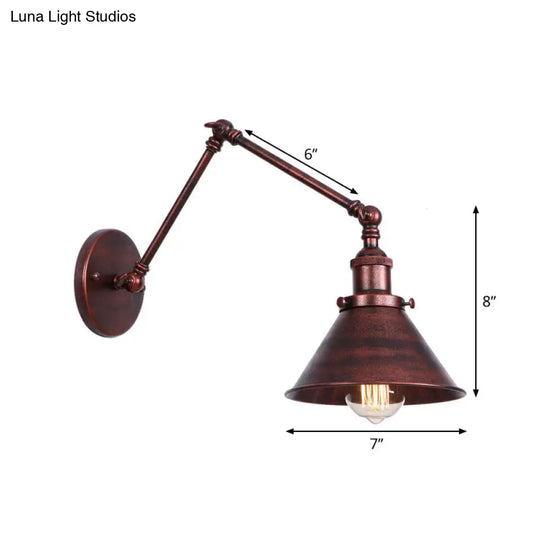 Rust Scalloped/Horn/Cone Wall Sconce Loft - 1 Head Workshop Reading Light With Long Swing Arm