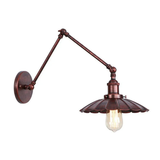 Rust Scalloped/Horn/Cone Wall Sconce Loft - 1 Head Workshop Reading Light With Long Swing Arm / 8 D