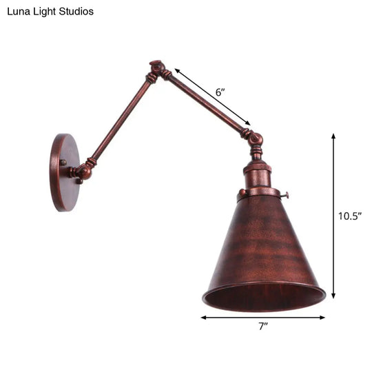 Rust Scalloped/Horn/Cone Wall Sconce Loft - 1 Head Workshop Reading Light With Long Swing Arm