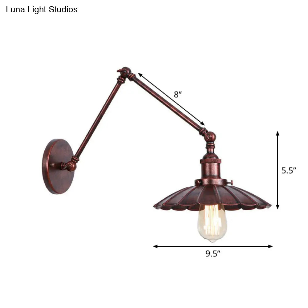 Rust Scalloped/Horn/Cone Wall Sconce Loft - 1 Head Workshop Reading Light With Long Swing Arm