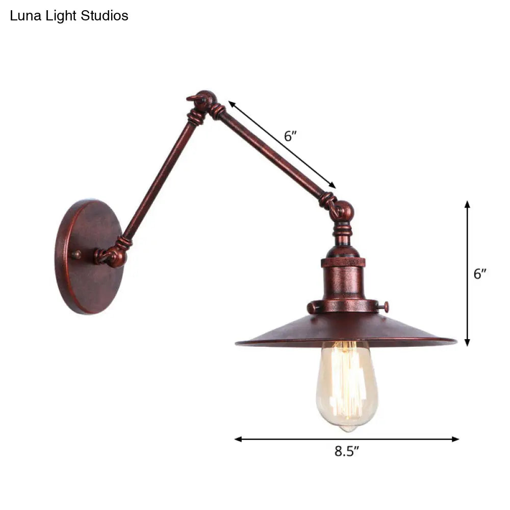 Rust Scalloped/Horn/Cone Wall Sconce Loft - 1 Head Workshop Reading Light With Long Swing Arm