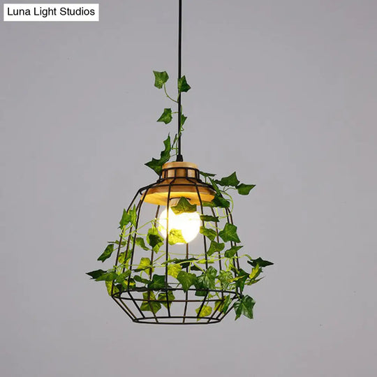 Rustic Iron Pendant Light With Wood Socket Green / Birdcage