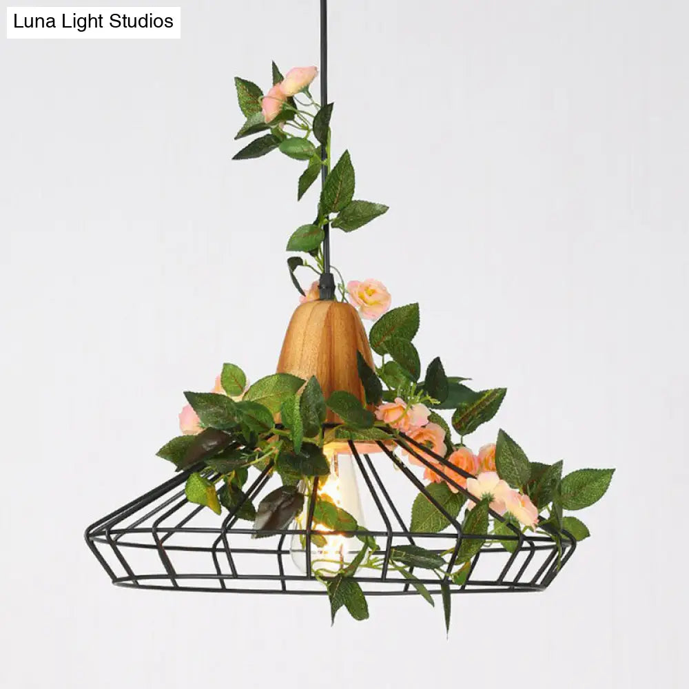 Rustic Iron Pendant Light With Wood Socket Pink / Wide Flare