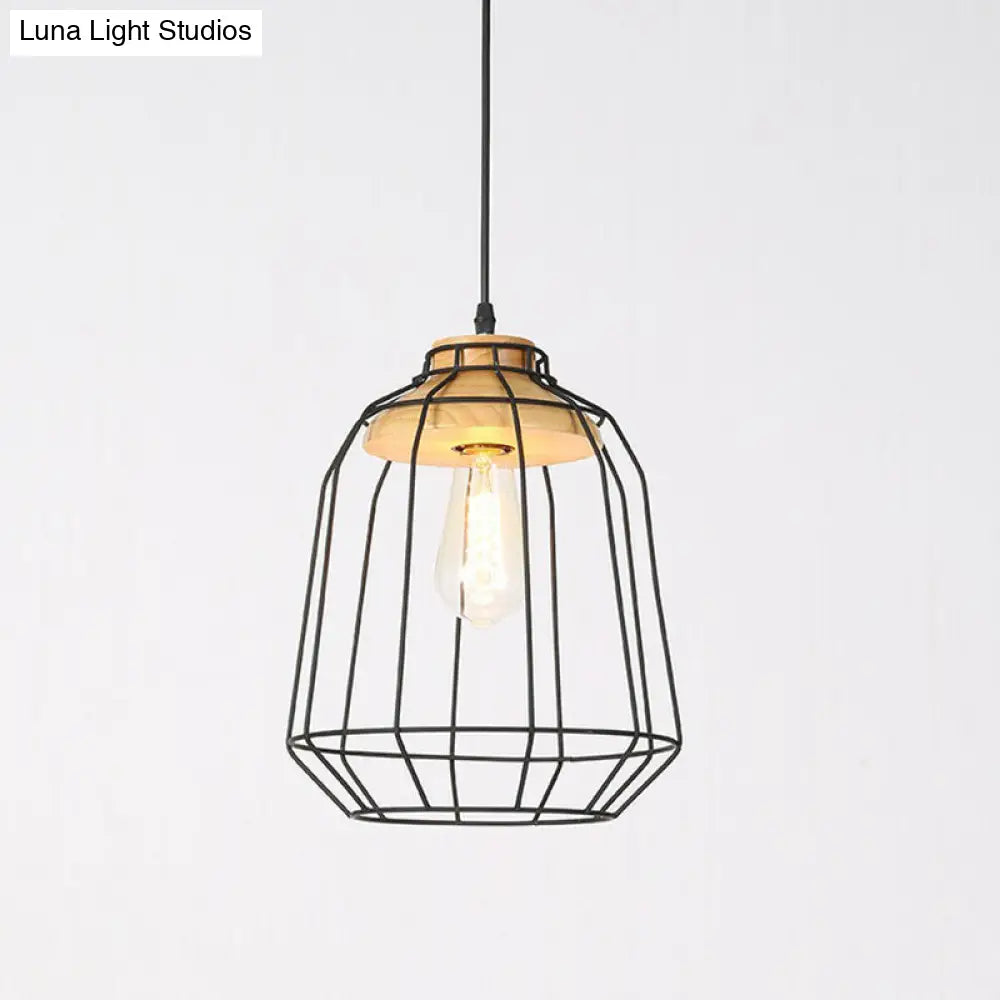 Rustic Iron Pendant Light With Wood Socket Black / Birdcage