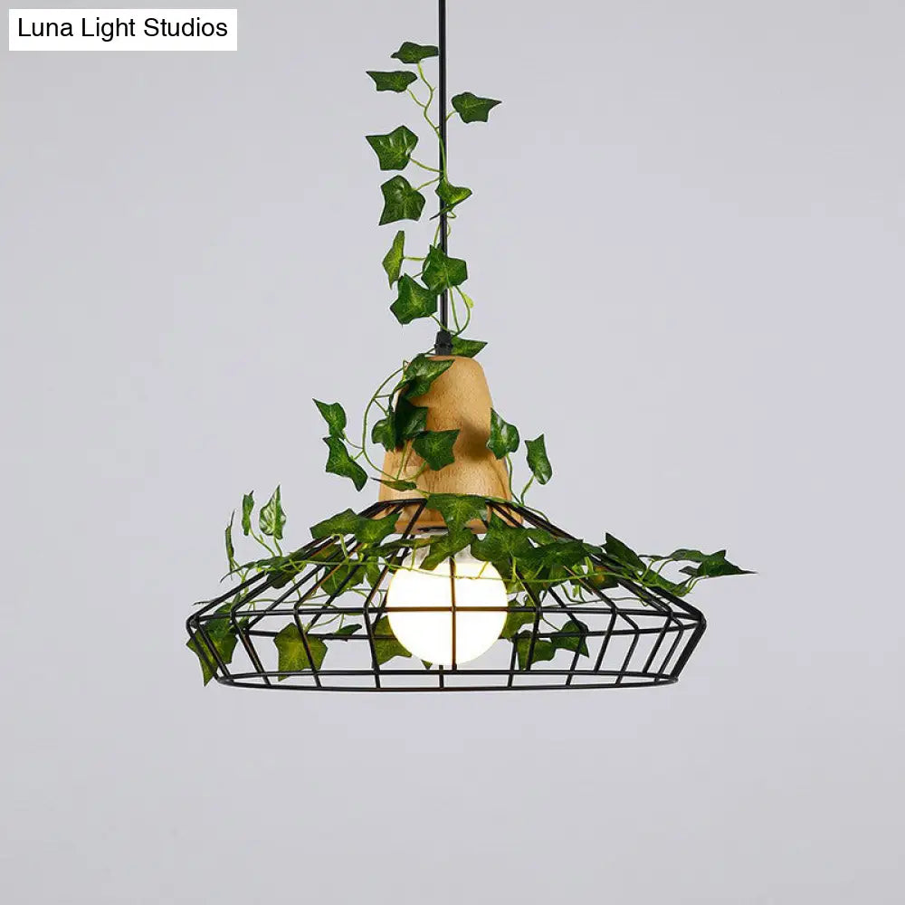 Rustic Iron Pendant Light With Wood Socket Green / Wide Flare