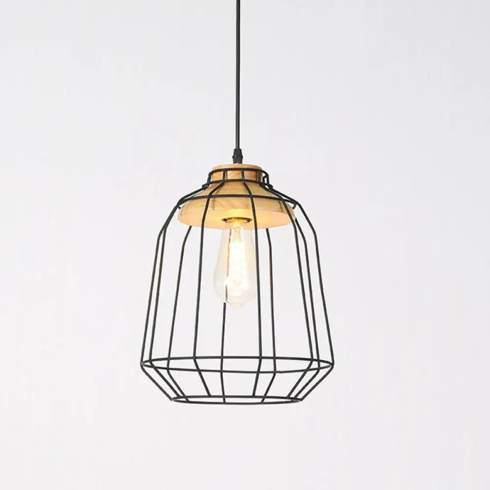 Rustic 1-Bulb Farmhouse Wire Cage Pendant Light With Wood Socket Black / Birdcage