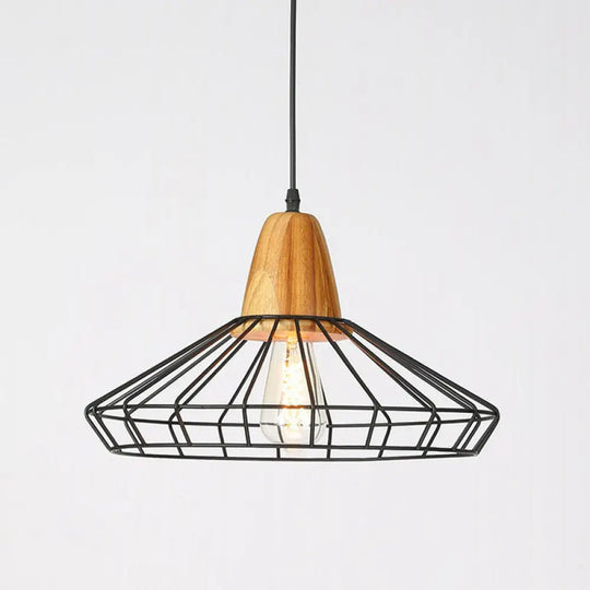 Rustic 1-Bulb Farmhouse Wire Cage Pendant Light With Wood Socket Black / Wide Flare