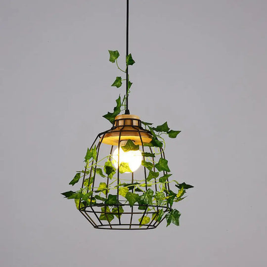 Rustic 1-Bulb Farmhouse Wire Cage Pendant Light With Wood Socket Green / Birdcage