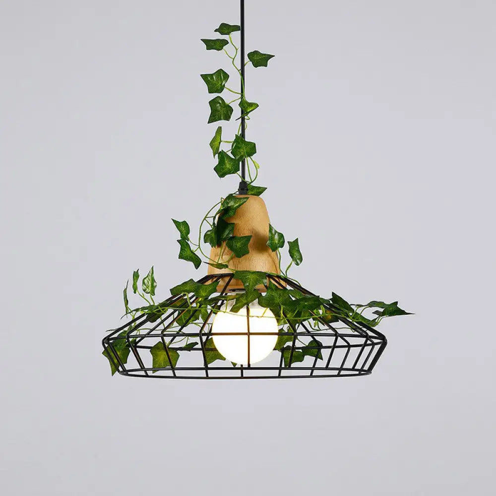 Rustic 1-Bulb Farmhouse Wire Cage Pendant Light With Wood Socket Green / Wide Flare