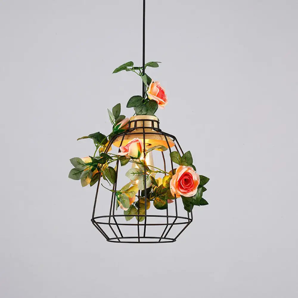 Rustic 1-Bulb Farmhouse Wire Cage Pendant Light With Wood Socket Pink / Birdcage