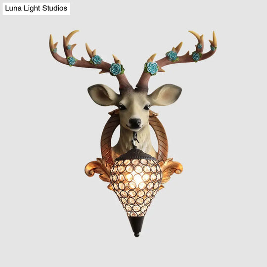 Rustic 1-Head Deer Wall Lamp With Crystal Shade In Gold/Grey/White