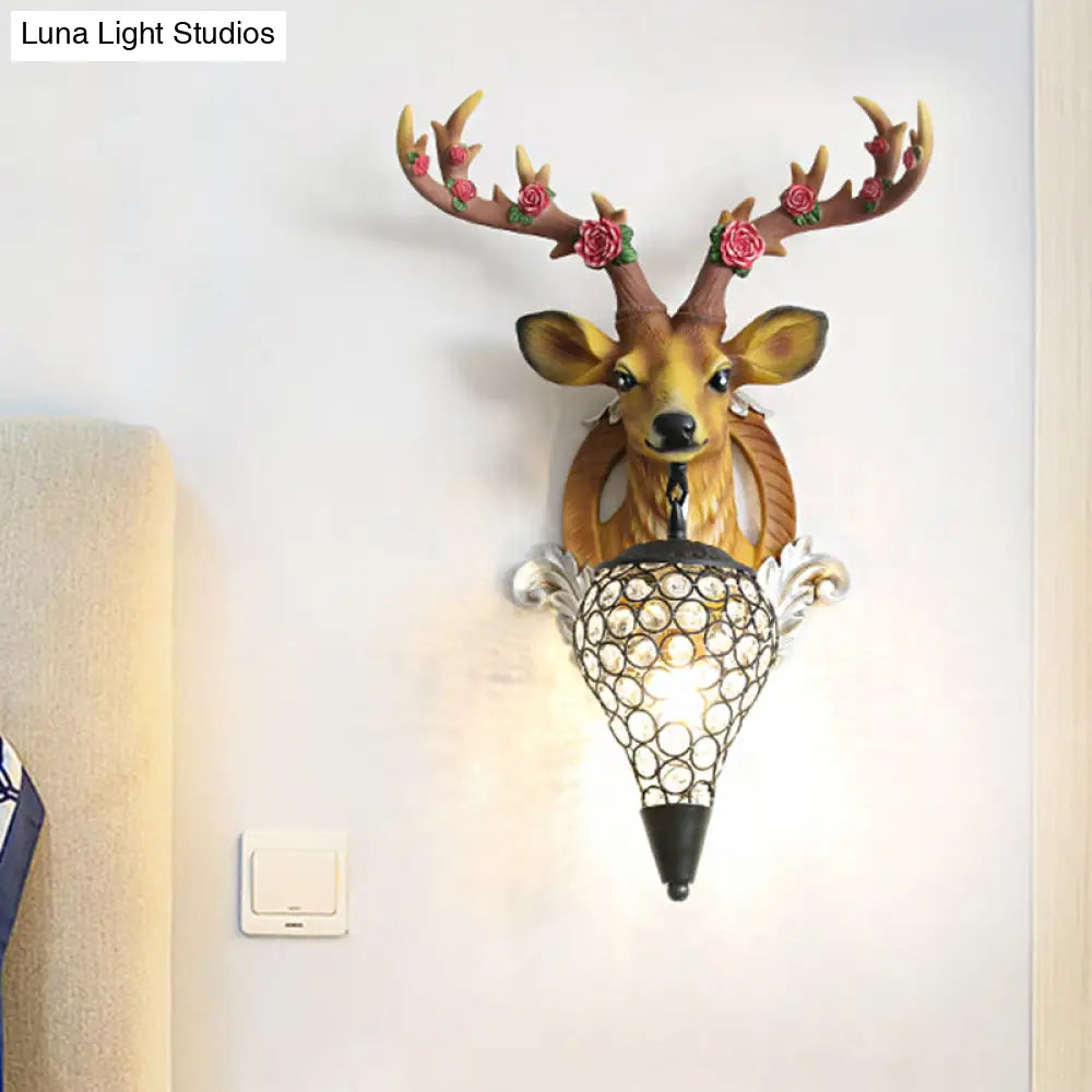 Rustic 1-Head Deer Wall Lamp With Crystal Shade In Gold/Grey/White