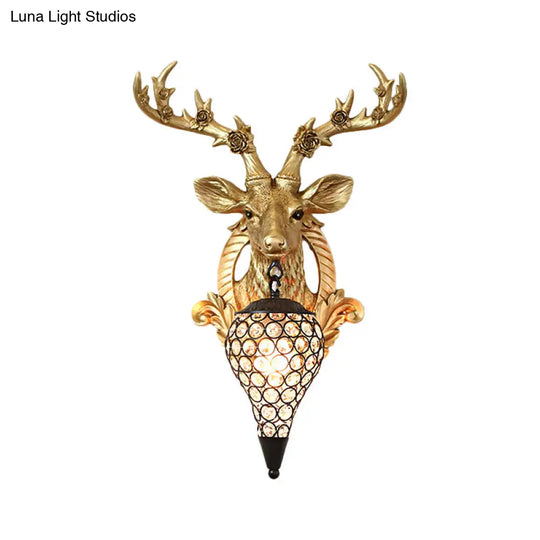 Rustic 1-Head Deer Wall Lamp With Crystal Shade In Gold/Grey/White