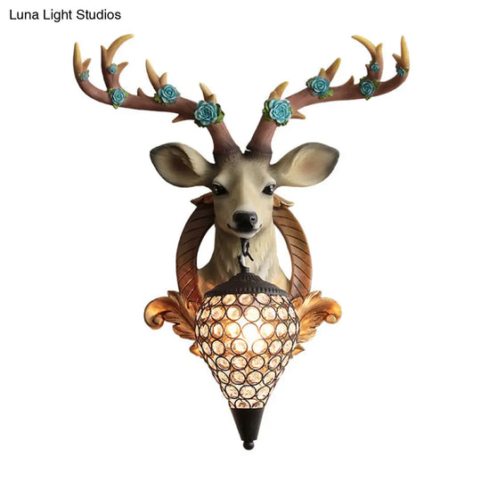 Rustic 1-Head Deer Wall Lamp With Crystal Shade In Gold/Grey/White