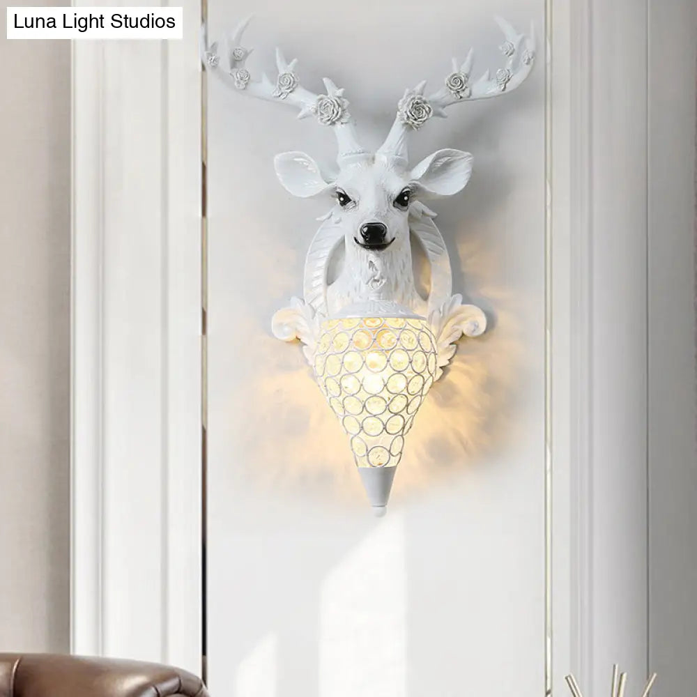 Rustic 1-Head Deer Wall Lamp With Crystal Shade In Gold/Grey/White