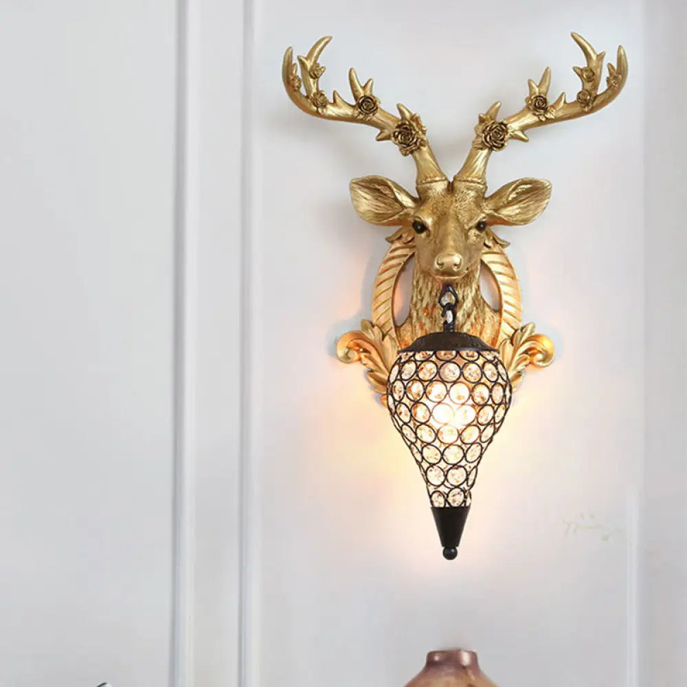 Rustic 1-Head Deer Wall Lamp With Crystal Shade In Gold/Grey/White Gold