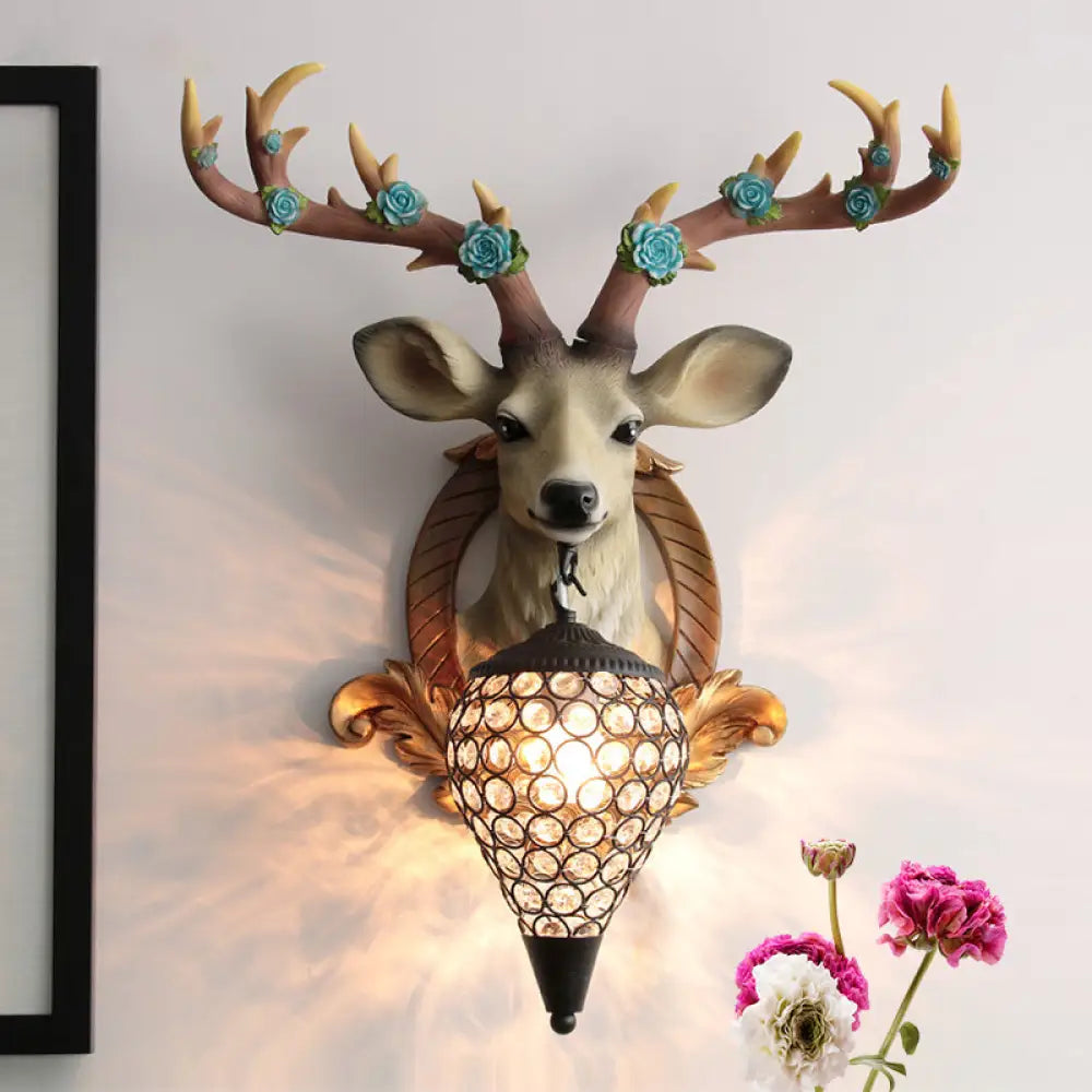 Rustic 1-Head Deer Wall Lamp With Crystal Shade In Gold/Grey/White Grey