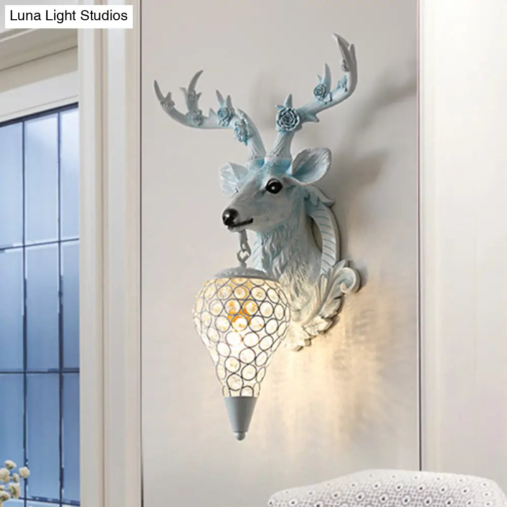 Rustic 1-Head Deer Wall Lamp With Crystal Shade In Gold/Grey/White