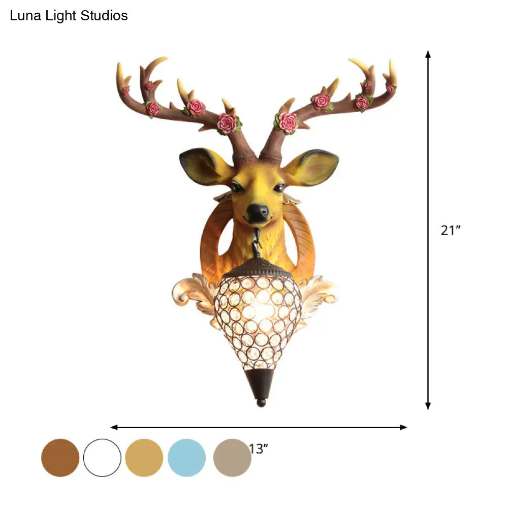 Rustic 1-Head Deer Wall Lamp With Crystal Shade In Gold/Grey/White