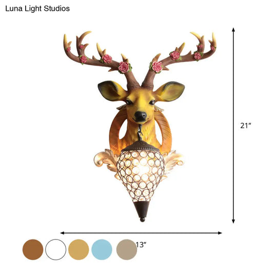 Rustic 1-Head Deer Wall Lamp With Crystal Shade In Gold/Grey/White