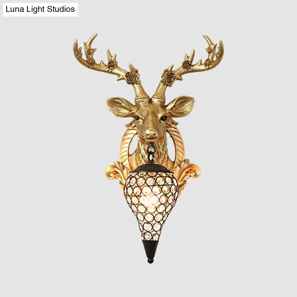 Rustic 1-Head Deer Wall Lamp With Crystal Shade In Gold/Grey/White