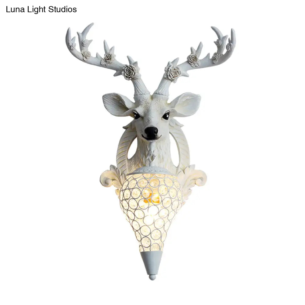 Rustic 1-Head Deer Wall Lamp With Crystal Shade In Gold/Grey/White