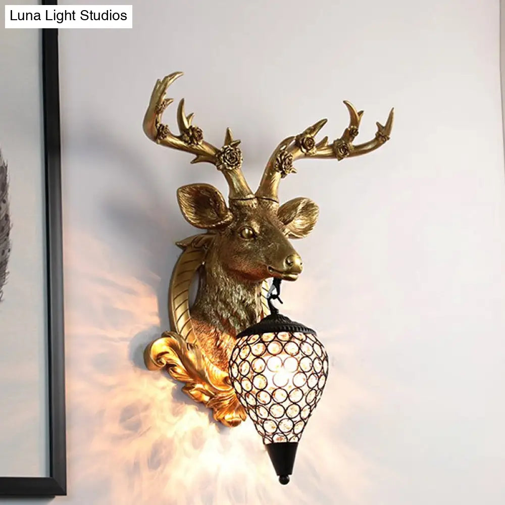 Rustic 1-Head Deer Wall Lamp With Crystal Shade In Gold/Grey/White