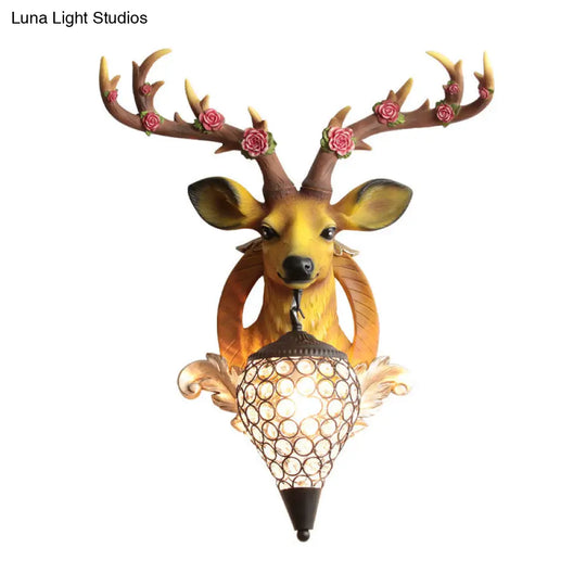 Rustic 1-Head Deer Wall Lamp With Crystal Shade In Gold/Grey/White