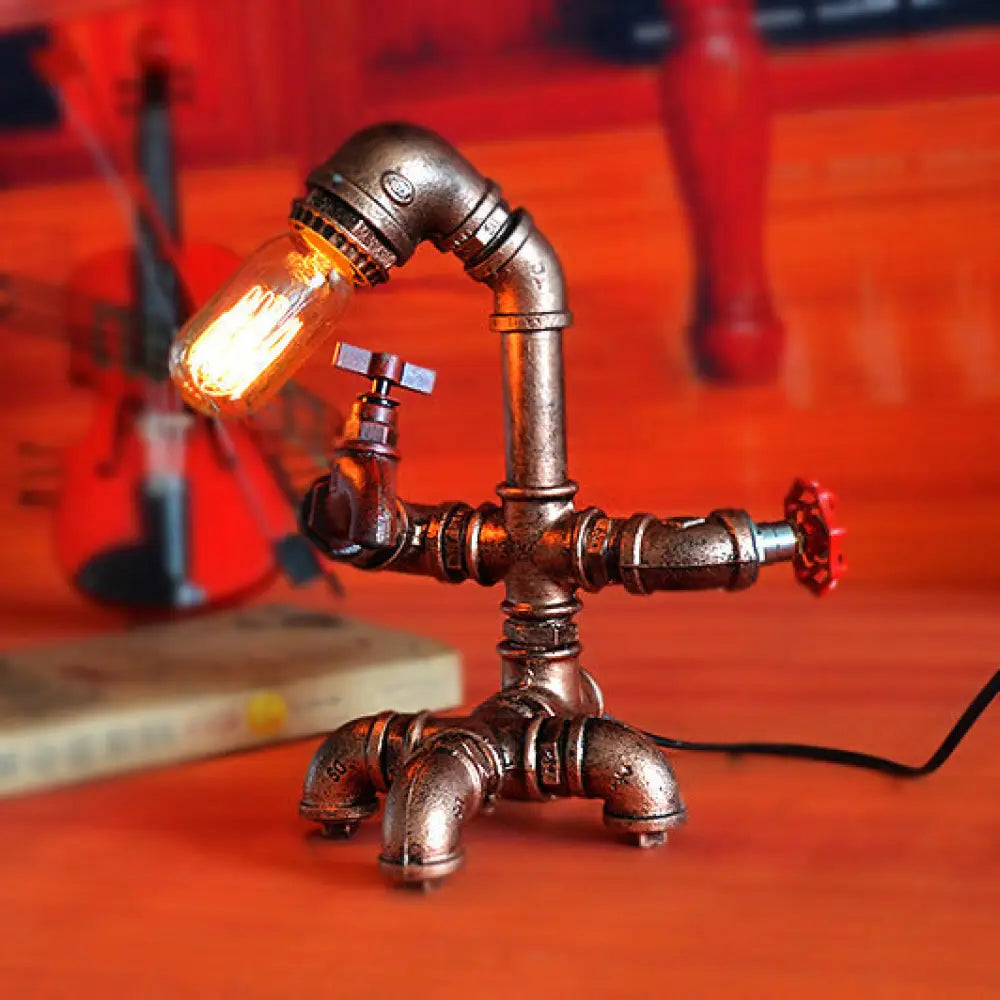 Rustic 1 Head Iron Pipe Man Table Lamp With Red Valve And Faucet In Bronze Finish