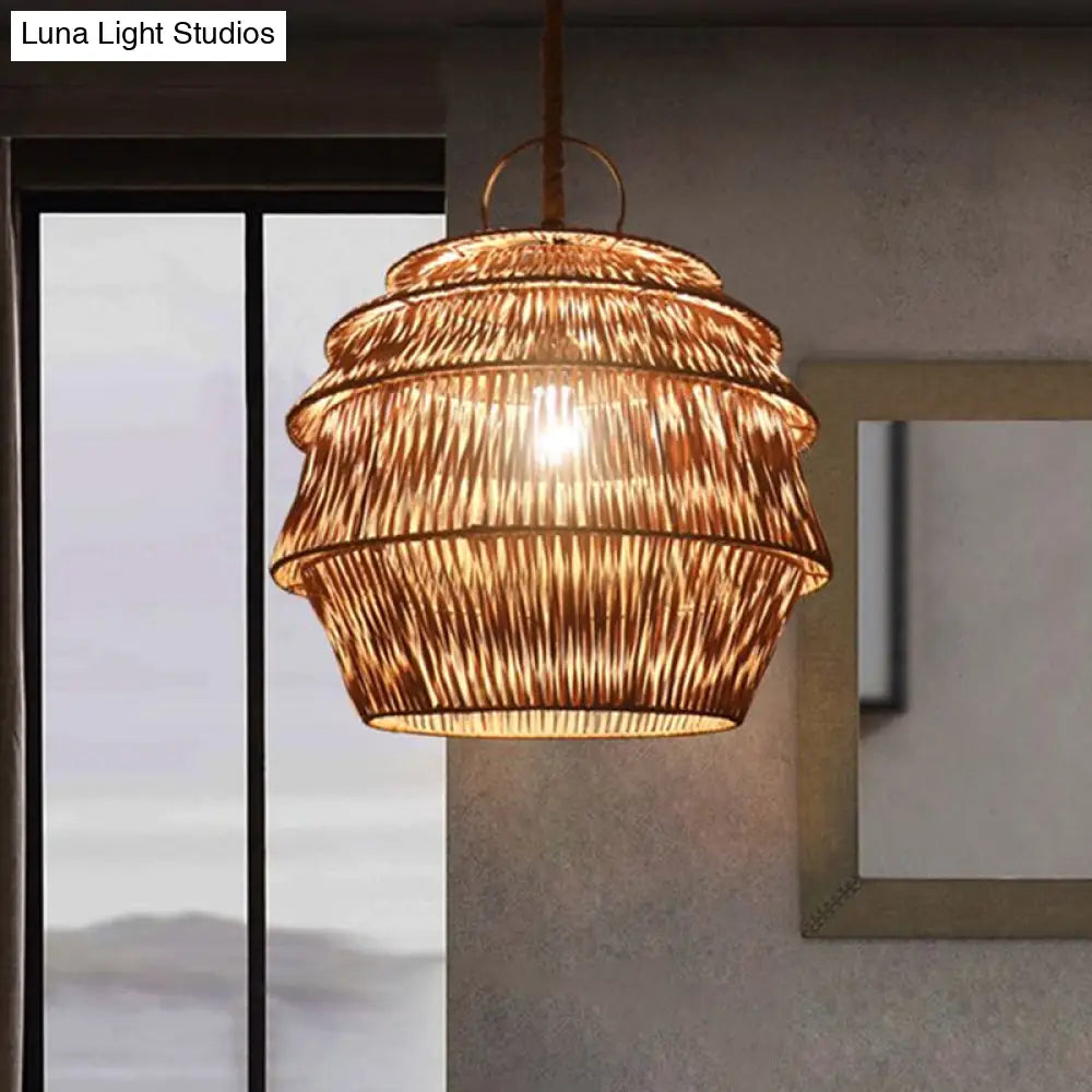 Rustic 1-Light Bamboo Pendant Ceiling Lamp - Beige/Coffee Tone For Dining Room