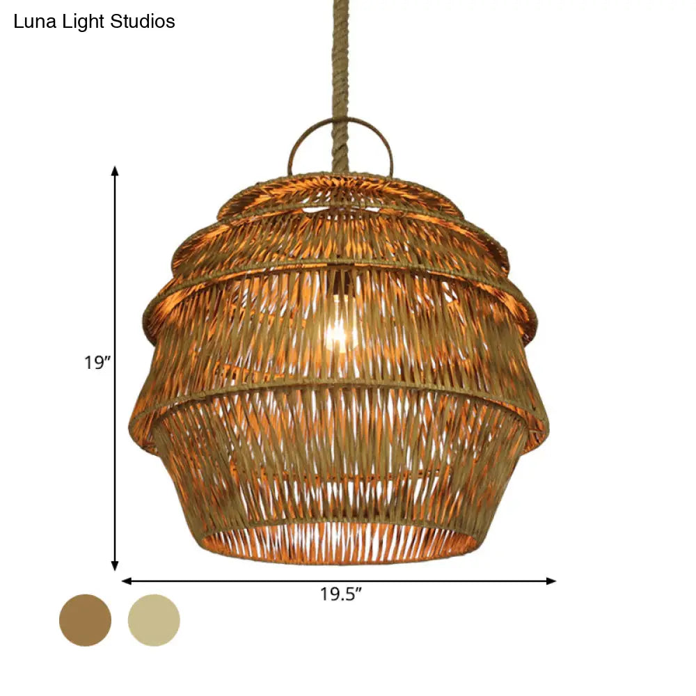 Rustic 1-Light Bamboo Pendant Ceiling Lamp - Beige/Coffee Tone For Dining Room