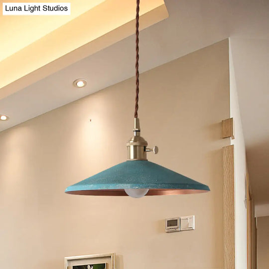 Rustic 1-Light Saucer Shade Hanging Pendant Lamp In Blue/Red/Silver For Dining Room With Stranded