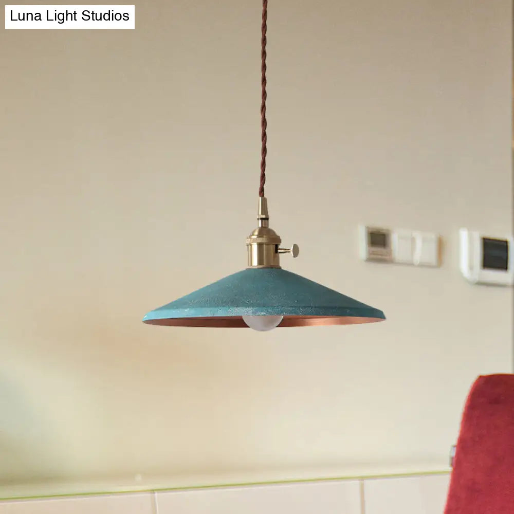 Rustic 1-Light Saucer Shade Hanging Pendant Lamp In Blue/Red/Silver For Dining Room With Stranded