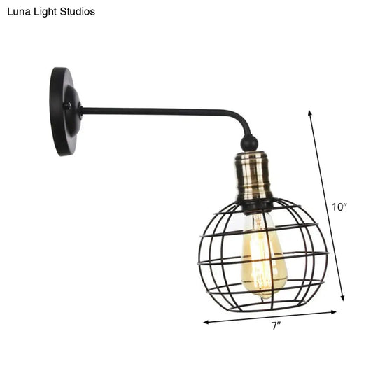 Rustic 1-Light Iron Wall Lamp Fixture In Black For Dining Room - Bell/Sphere Cage/Flared Light